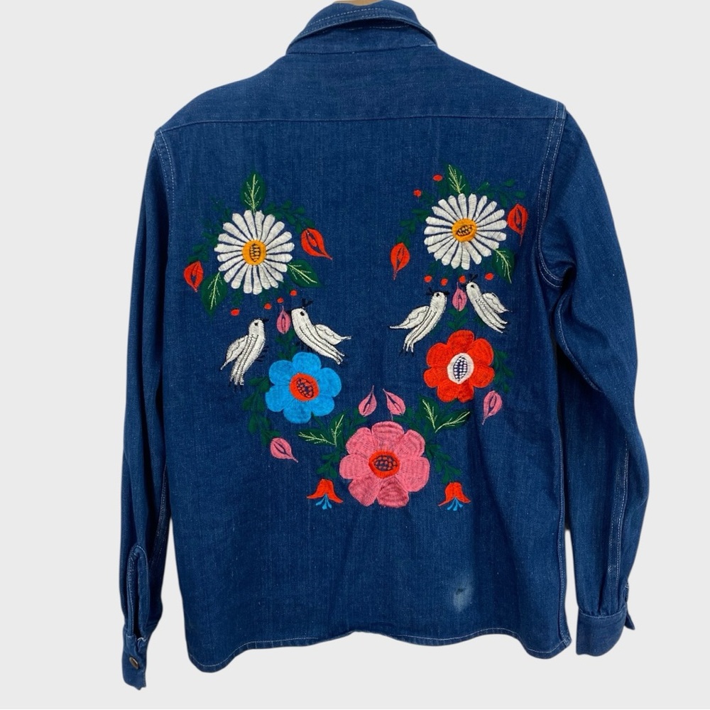 Vintage Natex Floral Embroidered Sanforized Cotton Denim Button Down Shirt Small - Picture 2 of 8